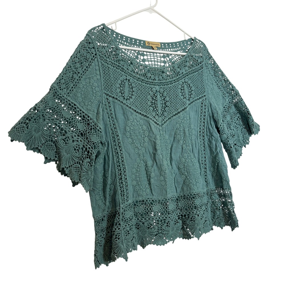 Democracy Crochet Lace Top Women L Teal Boho Embroidered Cotton Hippie Earthy